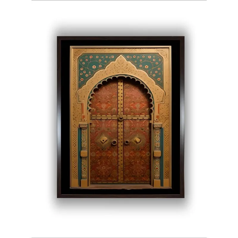 Straight-on view of framed wall art with ornate door motif in green and brown