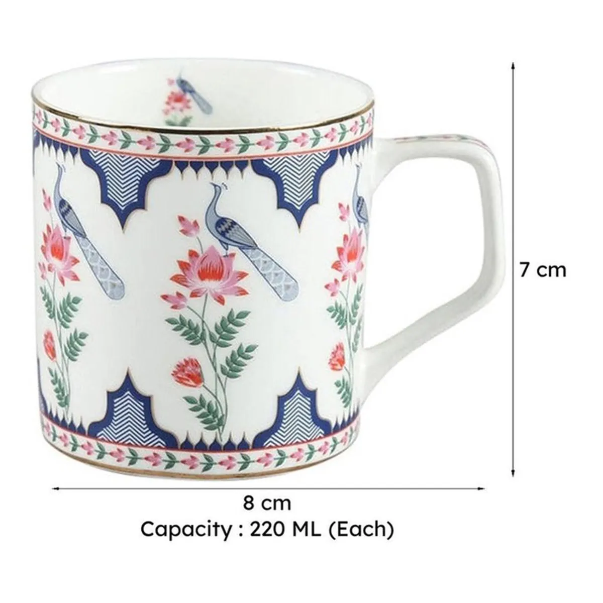 Printed ivory tea cup shown with size markings