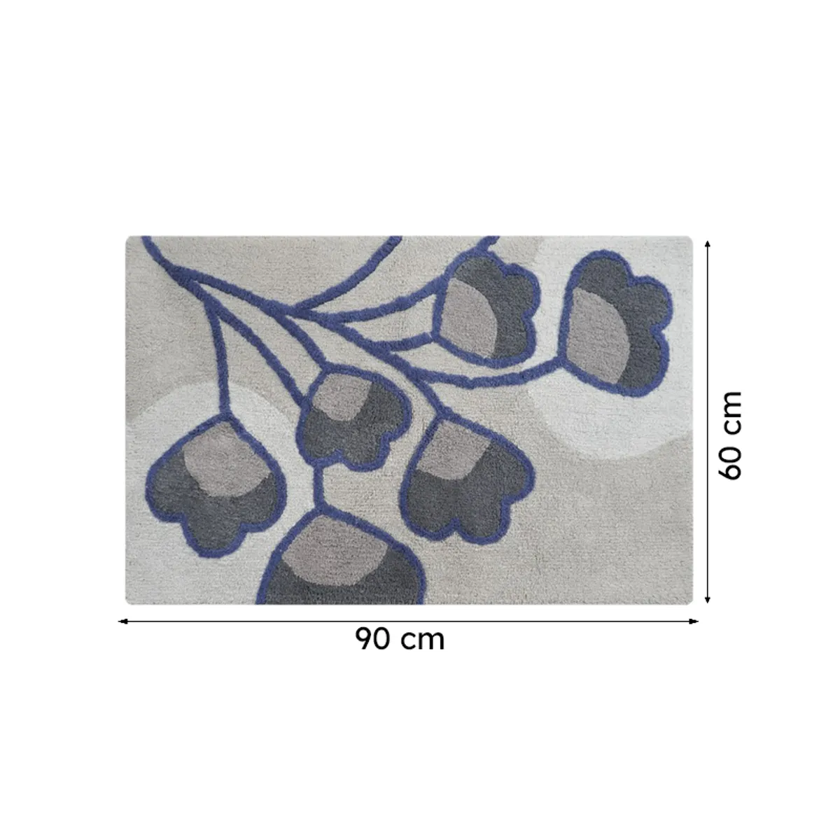 Grey floral bath mat shown with 60 by 90 cm dimension markers