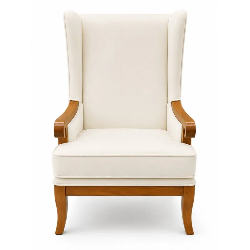 Front view of a white upholstered lounge chair with wooden frame