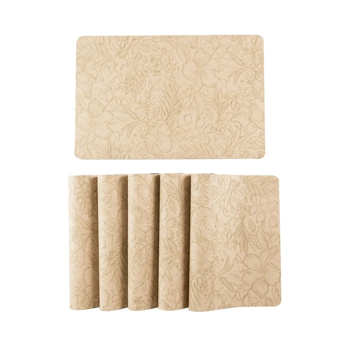 Single beige floral table mat with rolled mats displayed below