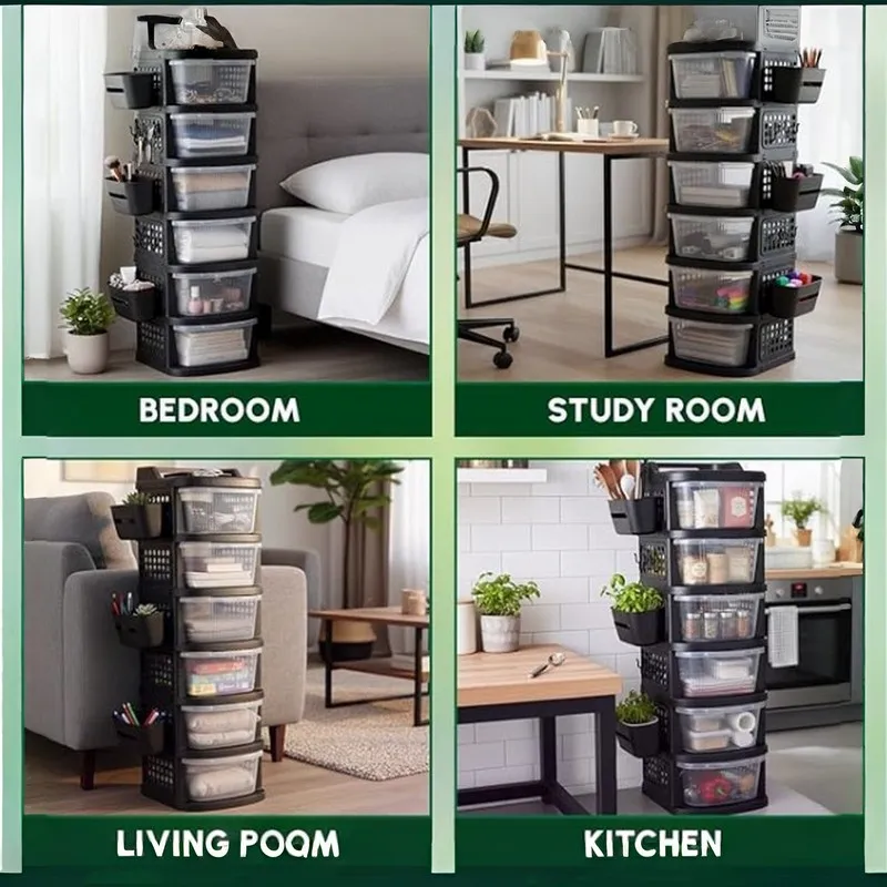 Collage showing the five-tier organizer rack used in bedroom, study, living room and kitchen