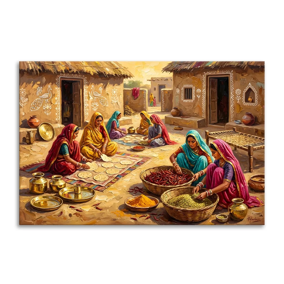 Rectangular canvas painting of women cooking in a rustic village courtyard