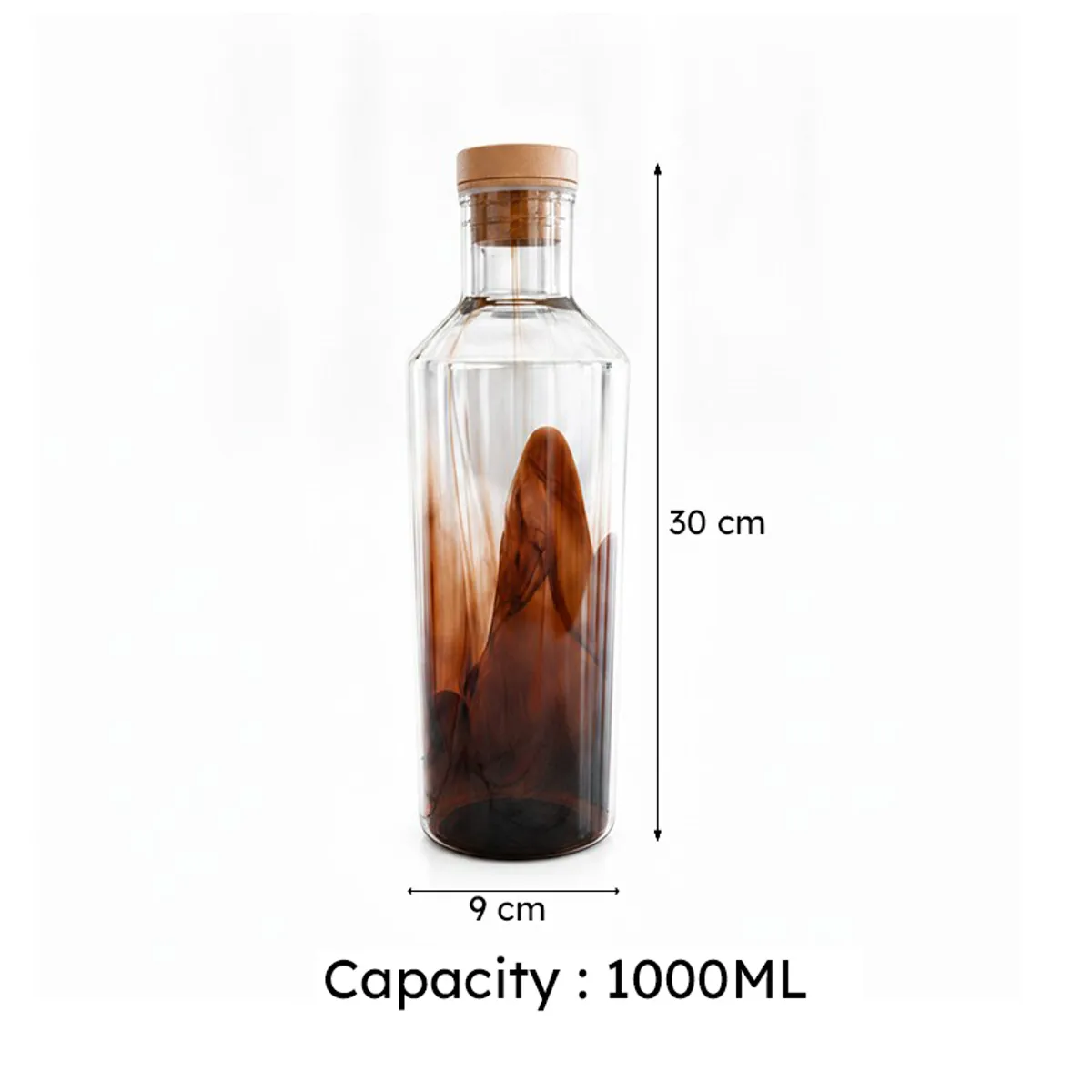 Single brown-toned bottle shown with height and base-width arrows