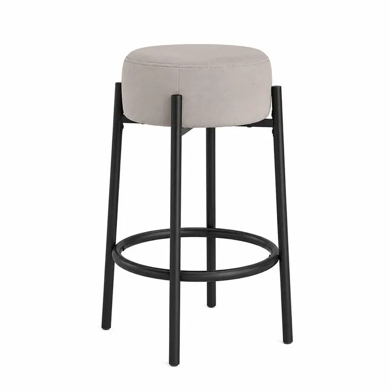 Front view of a grey upholstered bar stool with black metal frame