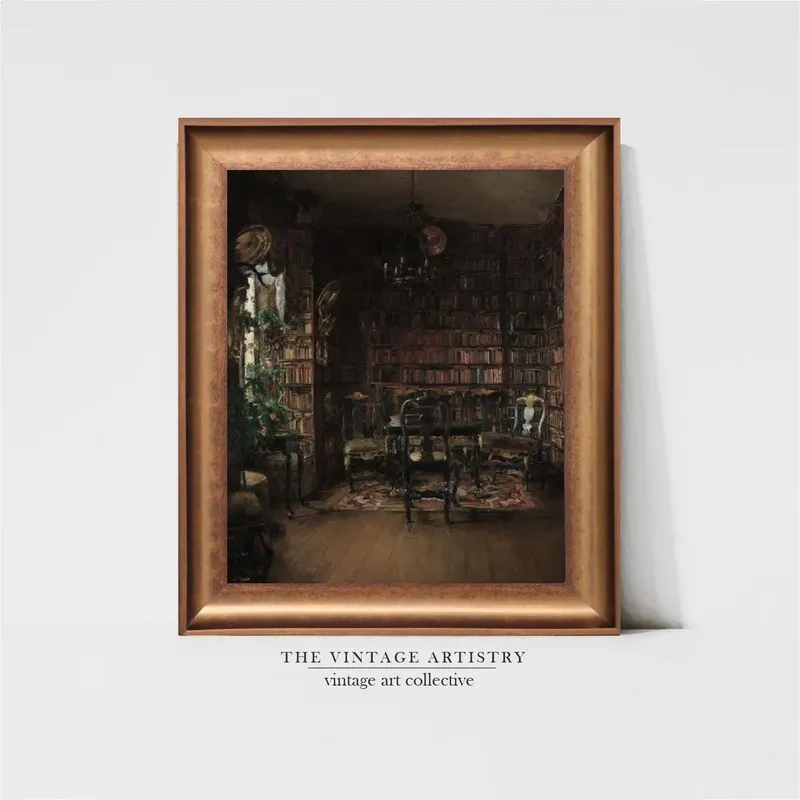 Rectangular framed wall painting with a dark vintage interior scene