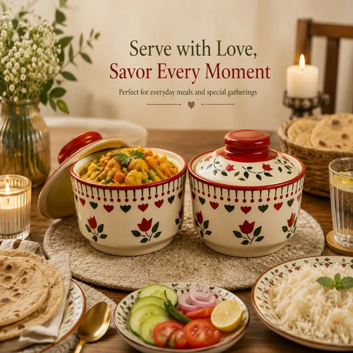 Two floral ceramic bowls displayed with prepared food on a dining table.