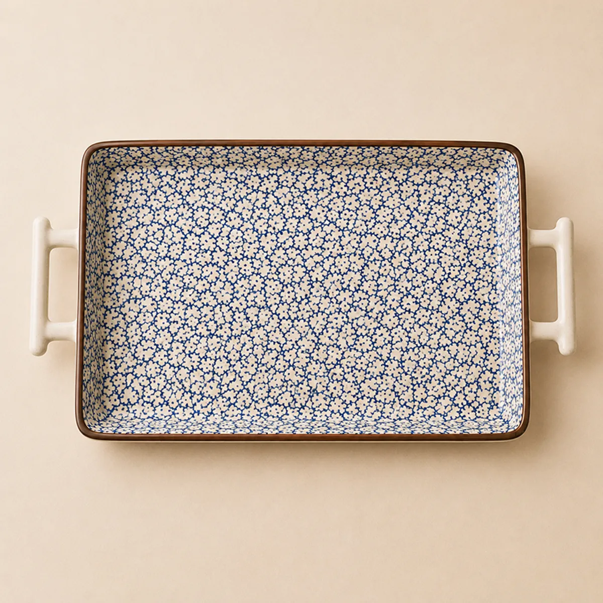 Close-up view of the blue-and-white patterned rectangular serving tray