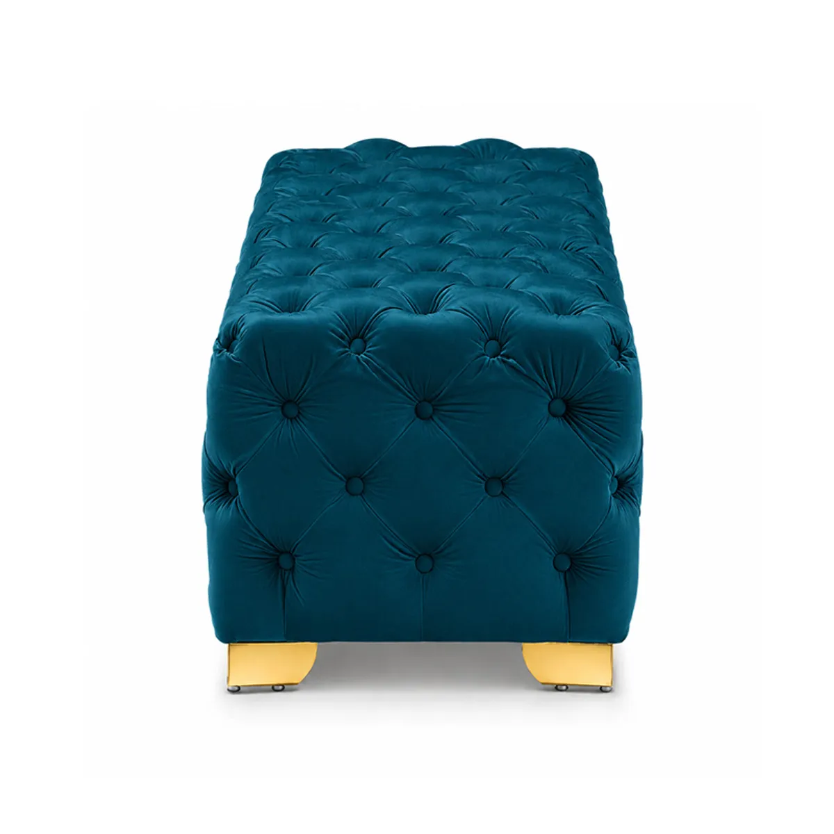 Side view of the teal velvet tufted bench showing its low-profile shape