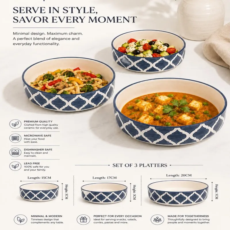 Three patterned serving bowls displaying pasta, salad and curry.