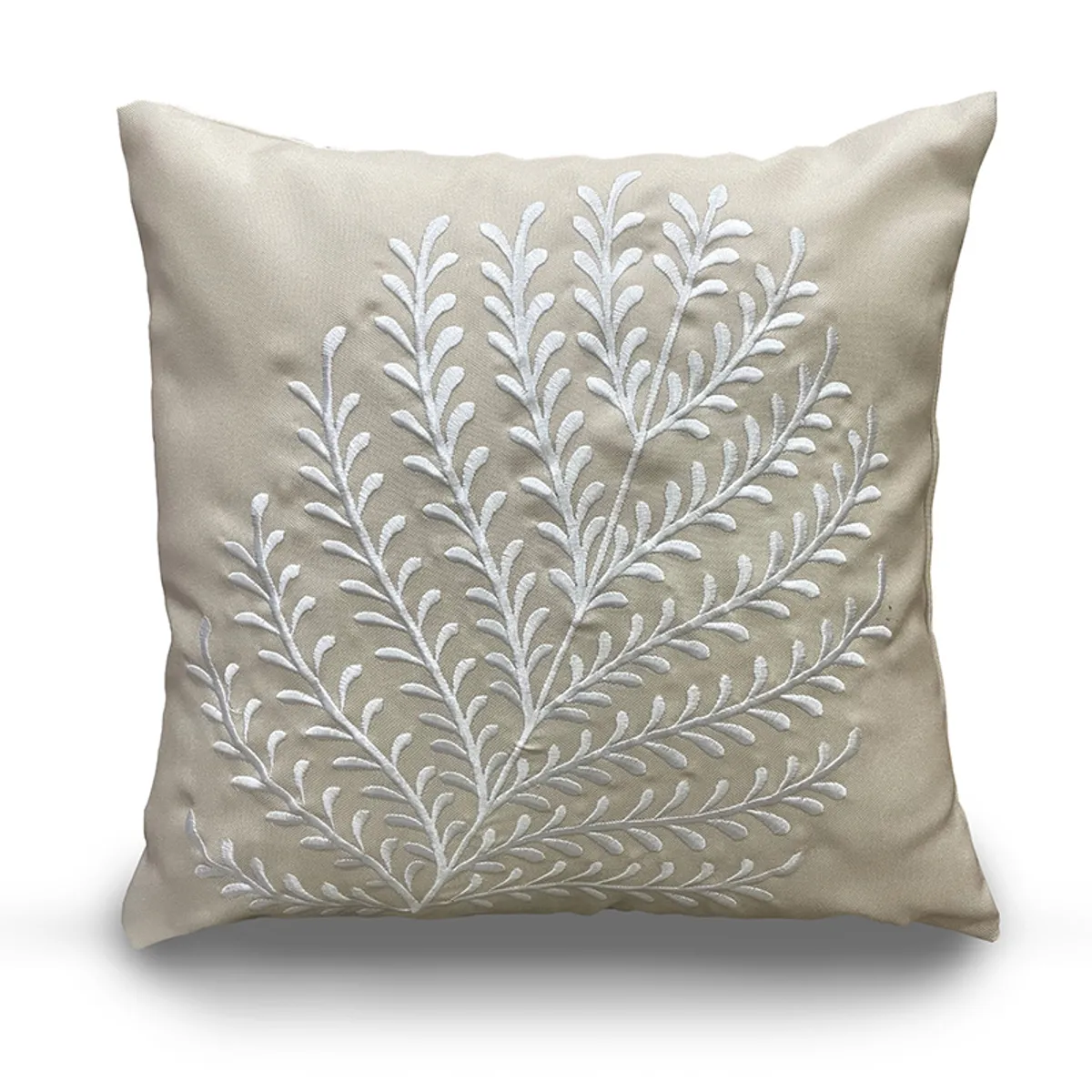 Single beige square cushion cover with white leafy floral embroidery