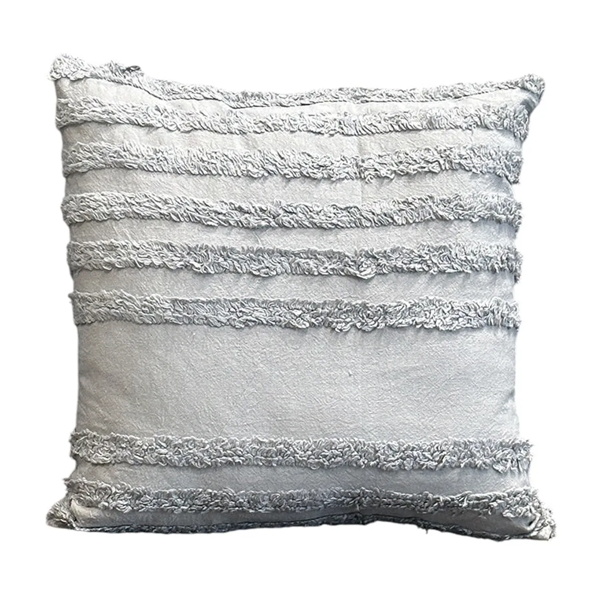 Light grey square cushion cover with raised horizontal stripes shown against a white background.