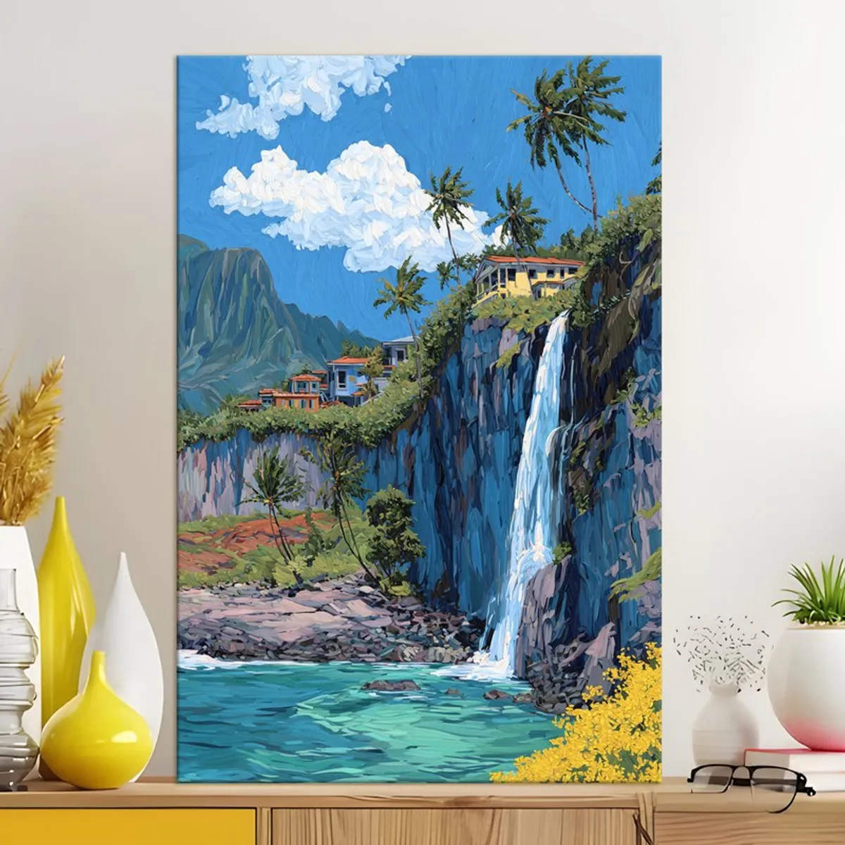 Tropical landscape canvas painting styled above a console with decor accents