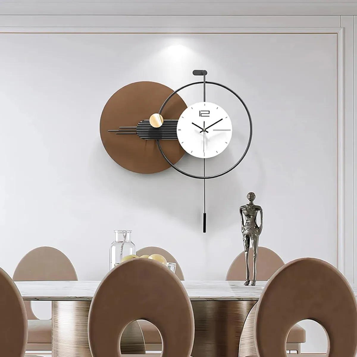 Brown, black and white geometric wall clock displayed on a light wall