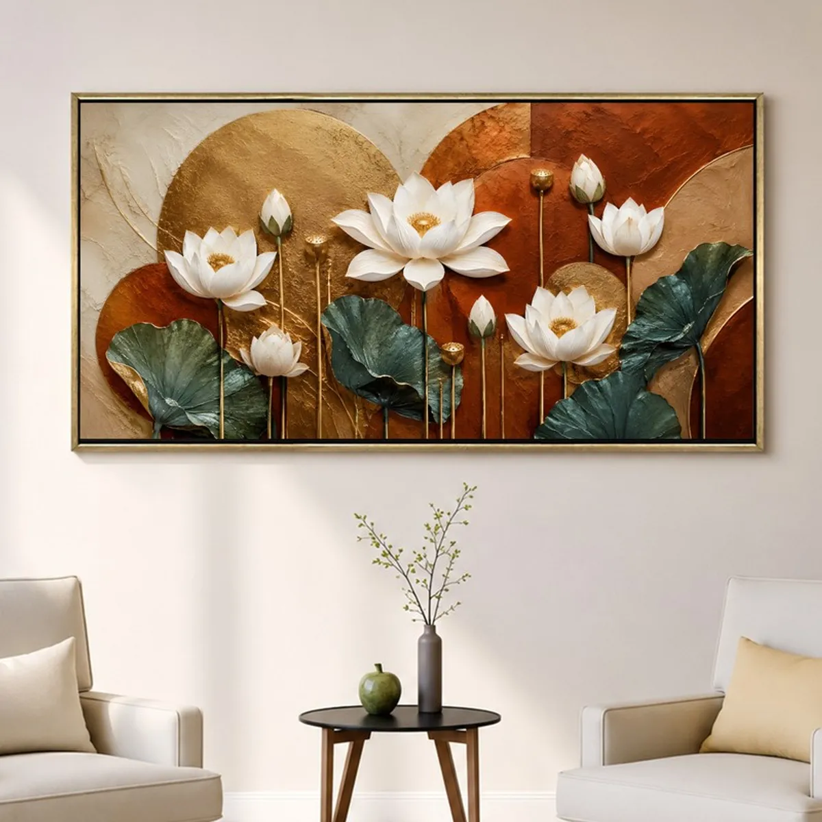 Rectangular lotus artwork with warm earthy tones hung above a side table and chairs