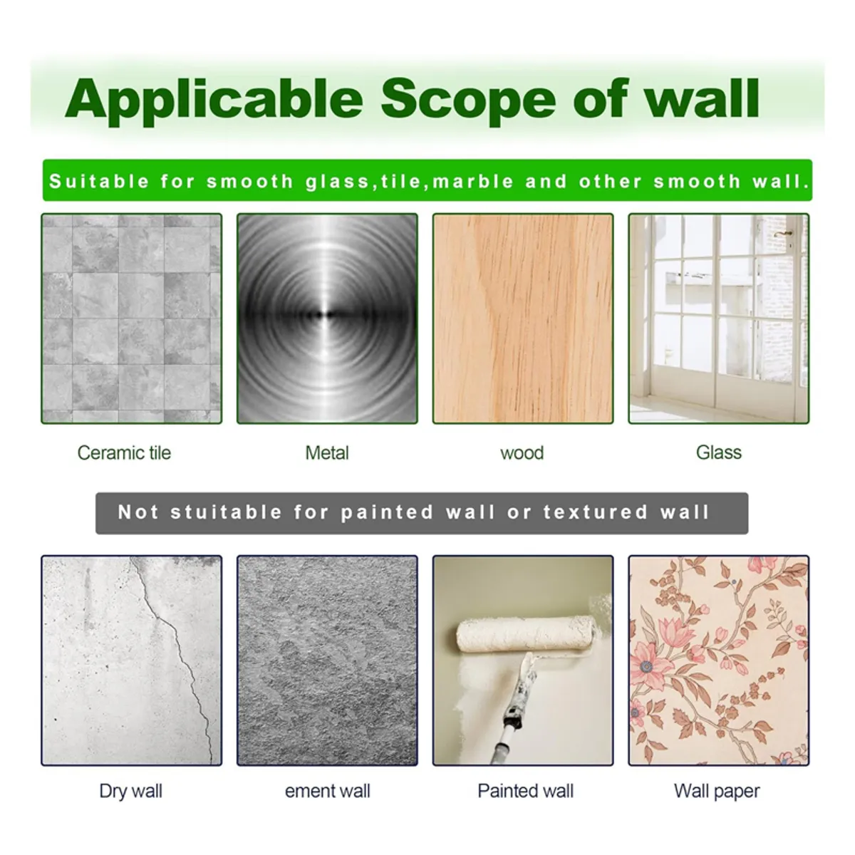 White adhesive holder shown on smooth and unsuitable wall surfaces
