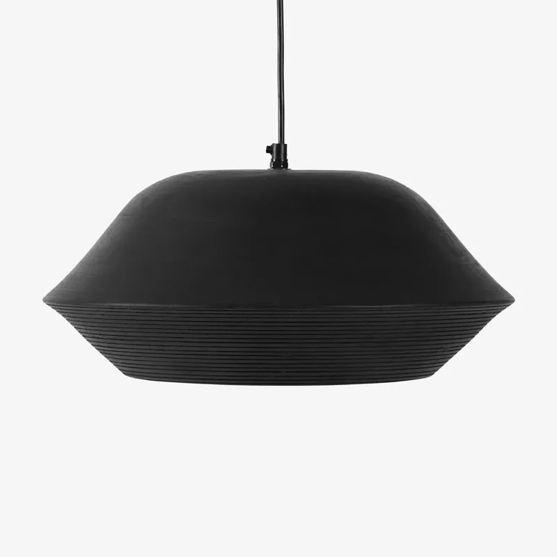 Front view of black sculptural ceiling lamp on a plain background