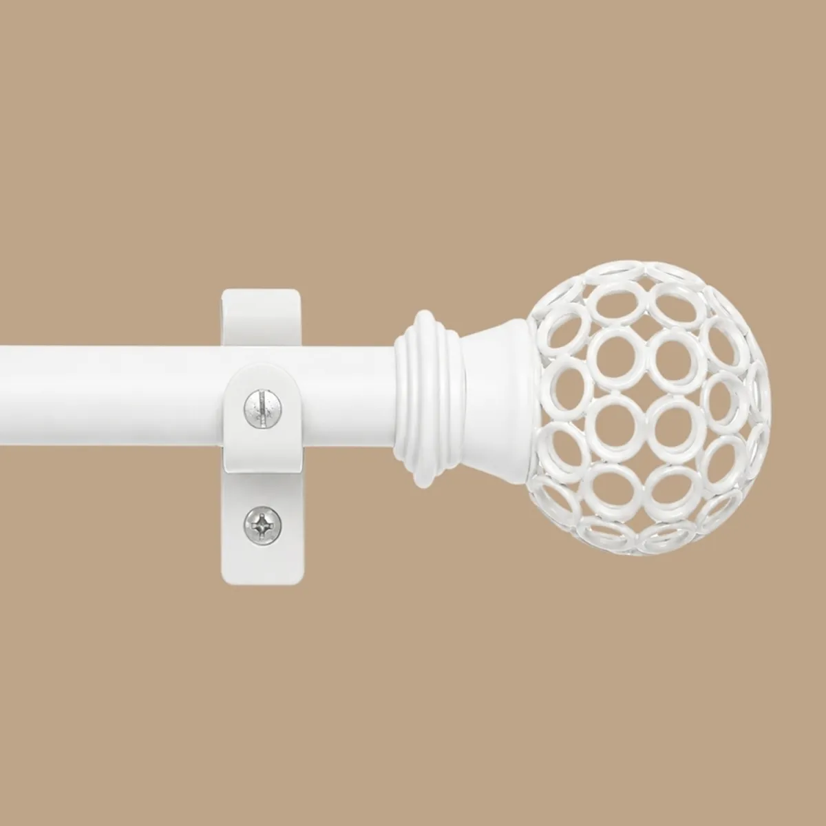 Close-up of white curtain rod bracket and openwork round finial