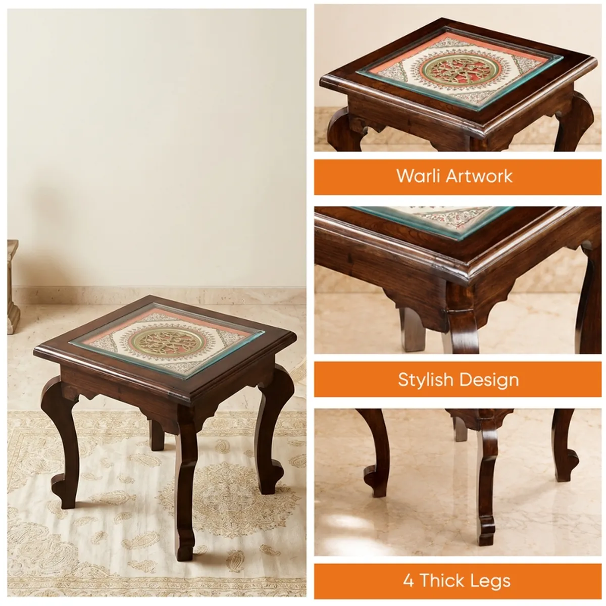 Collage showing decorative tabletop and curved legs of the side table