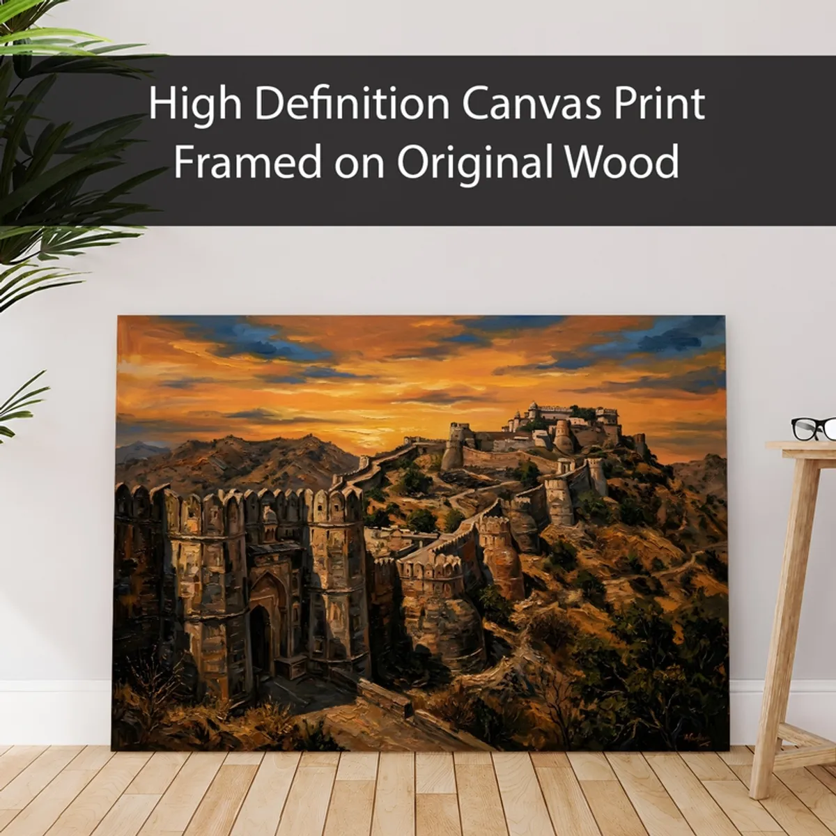 Fort-at-sunset canvas print displayed leaning against a wall indoors