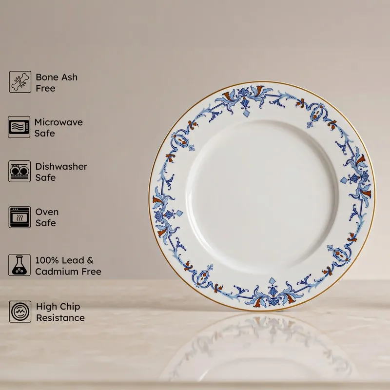 Blue and white quarter plate with decorative border shown front on