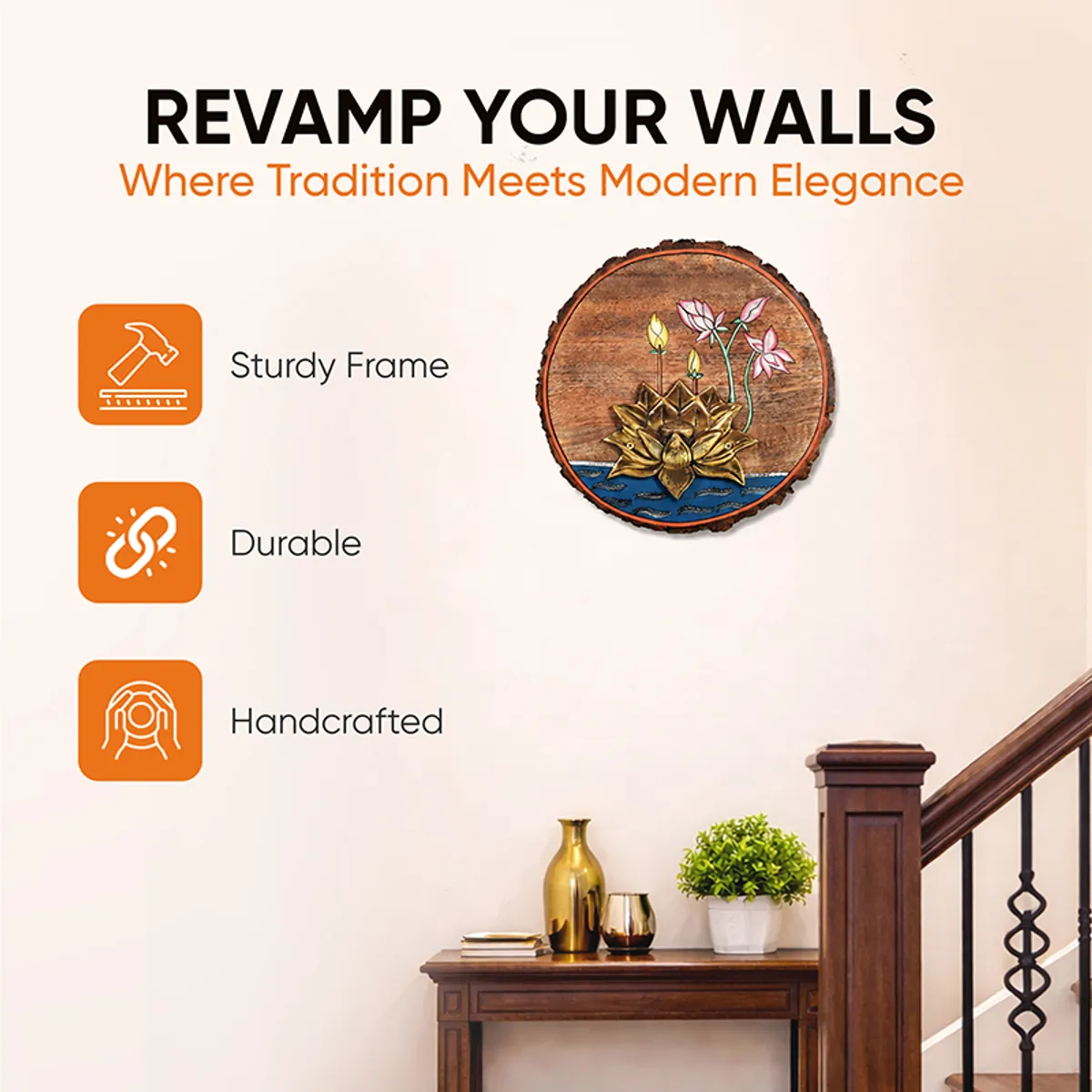 Round lotus wall accent shown against a wall with a natural bark edge.