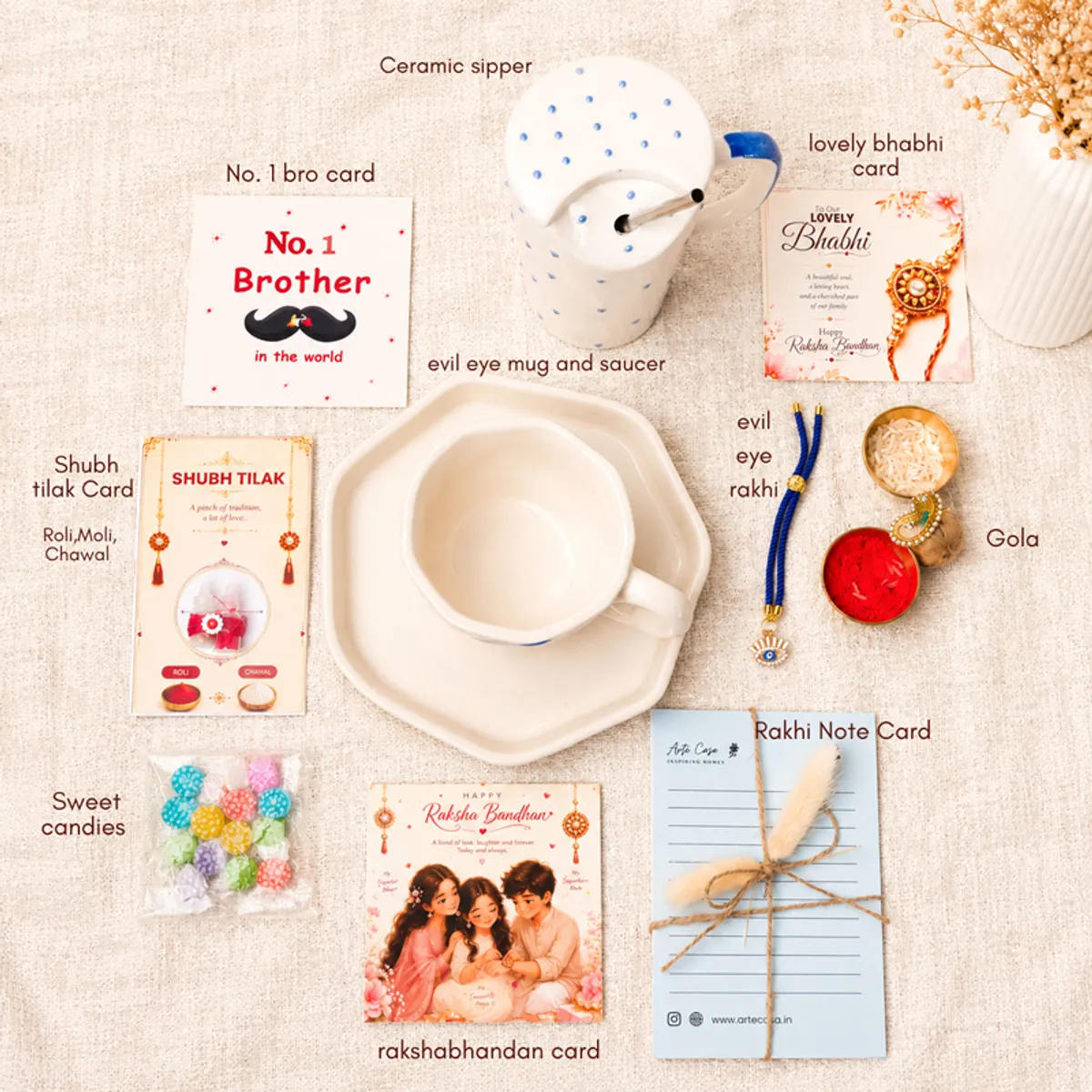 Top view of hamper contents including ceramic sipper, mug, cards, rakhi, sweets and gola.