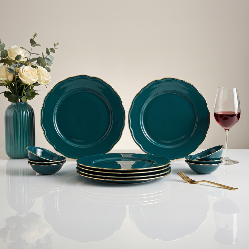 Westcott Tavia Porcelain Dinner Set (Dark Teal & Gold) - 12 Piece Set