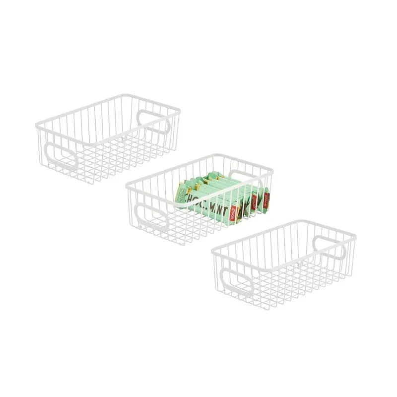 Set of three white rectangular metal storage baskets with side handles