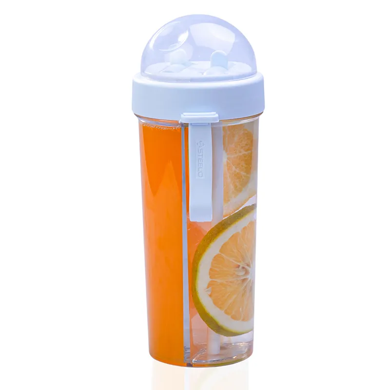 Clear blue and orange dual-compartment water bottle on a white background