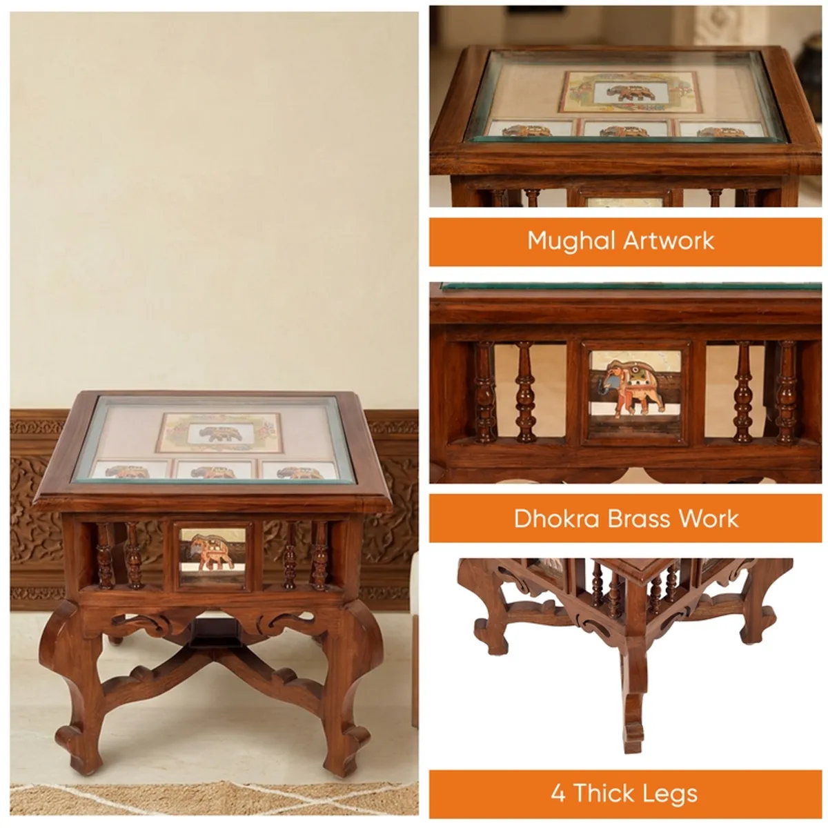 Brown square side table with turned details and carved legs