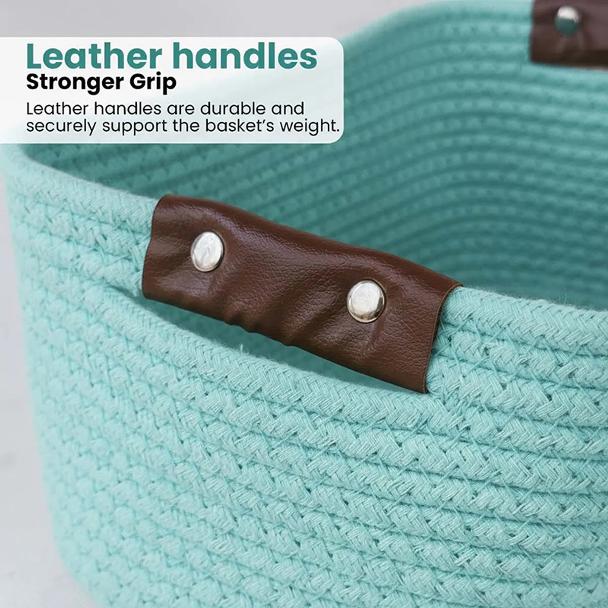 Close-up of brown handle attached to a blue woven storage basket