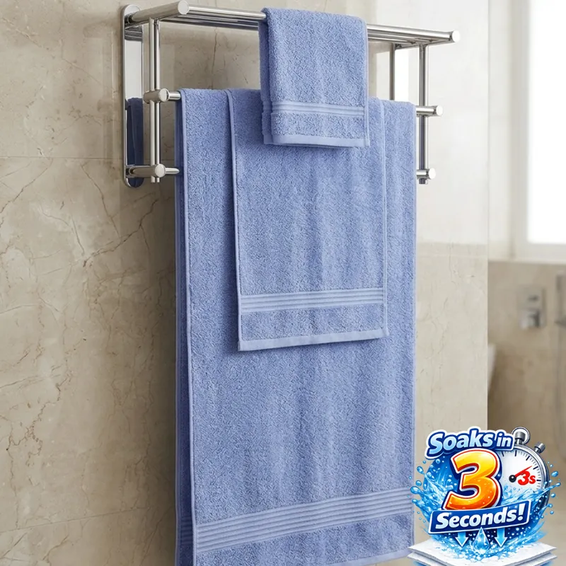 Powder blue towels hanging on a bathroom rack
