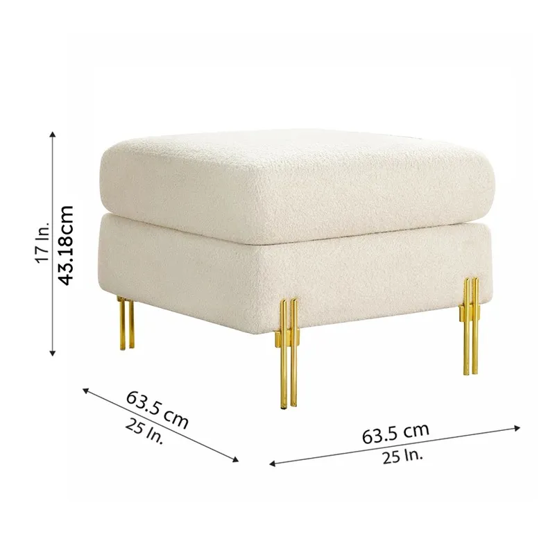 White square ottoman with dimensions shown beside the product
