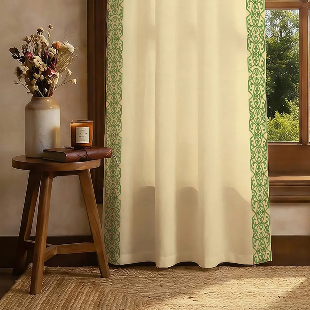 Green lace-edged curtain hanging beside a wooden window in a warm living room