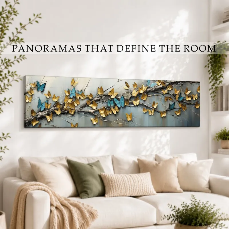 Wide butterfly wall art displayed above a cream sofa in a bright living room