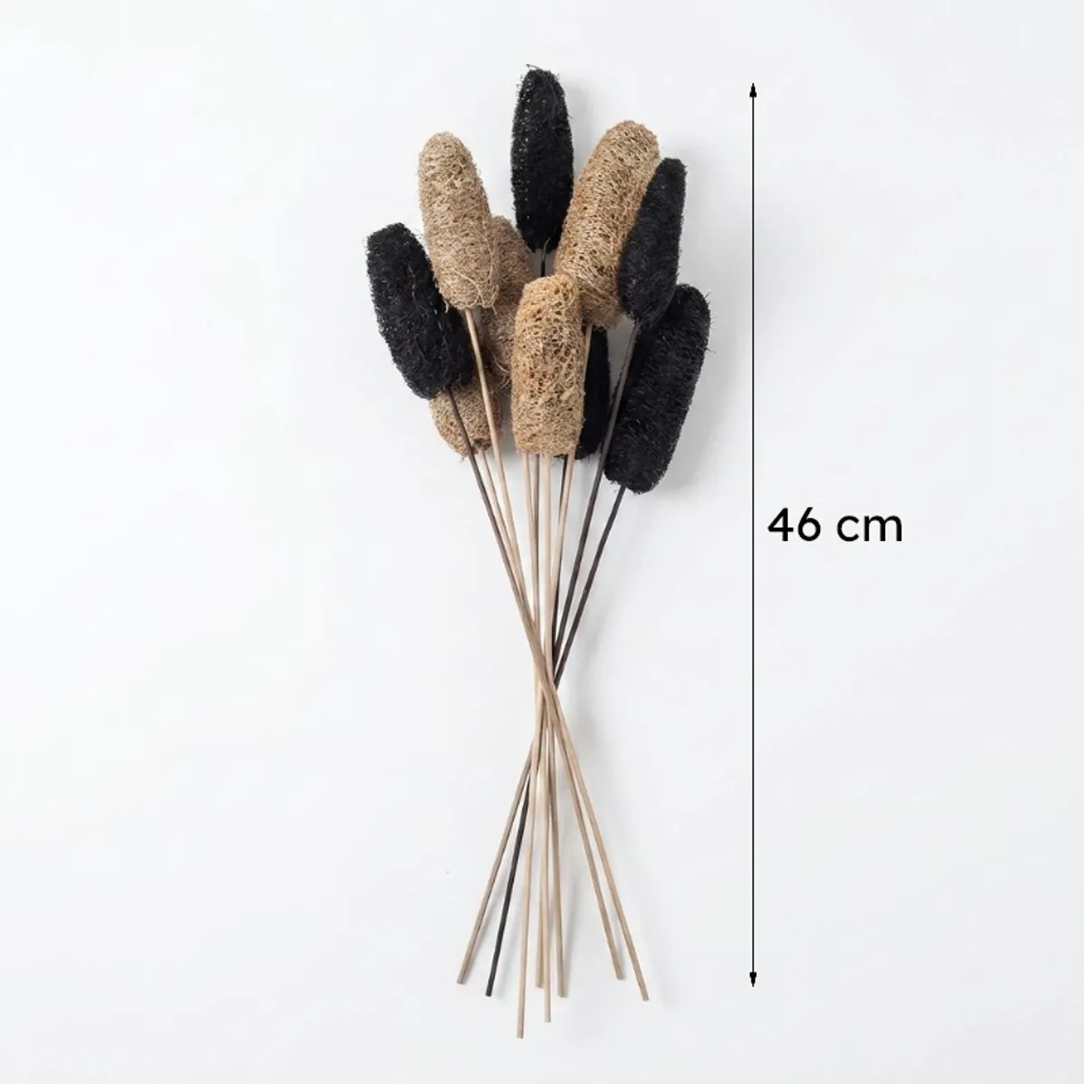 Bundle of black and beige dried luffah stems against a white background