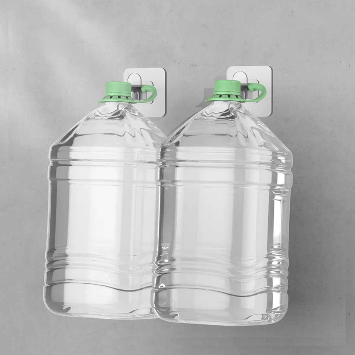 Two white and transparent wall hooks shown holding large clear water containers.