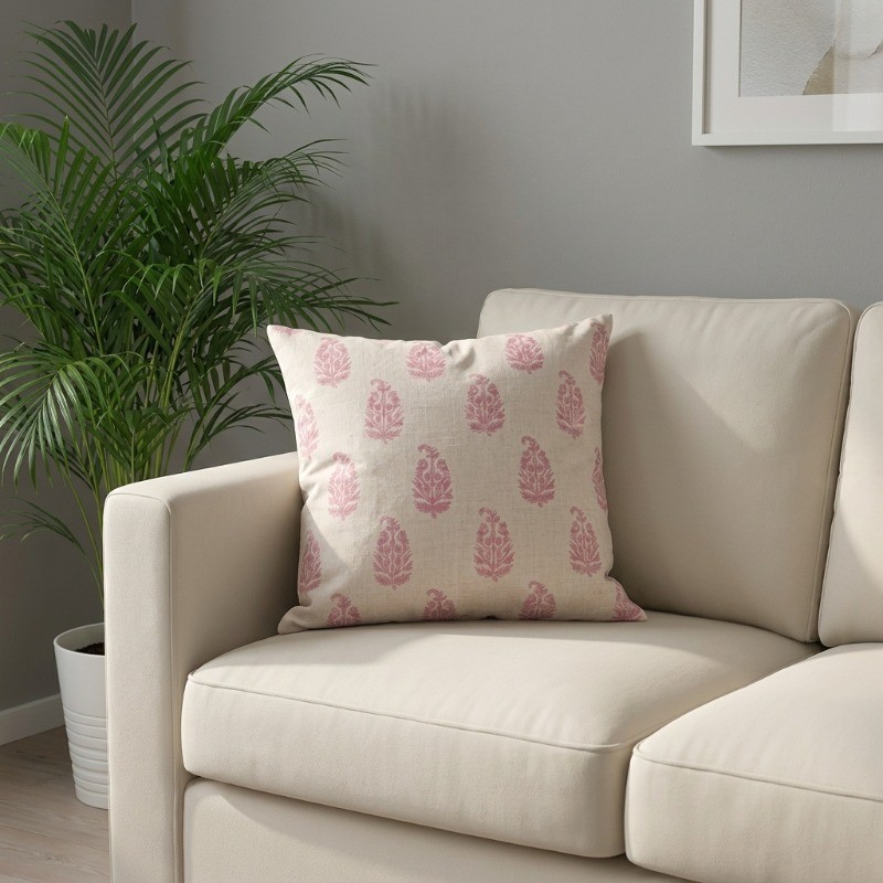 GulBloom Printed Cotton Cushion Cover - White,Pink