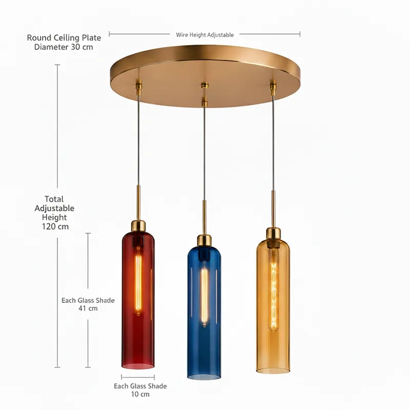 Three-light ceiling lamp with cylindrical glass shades and round ceiling plate