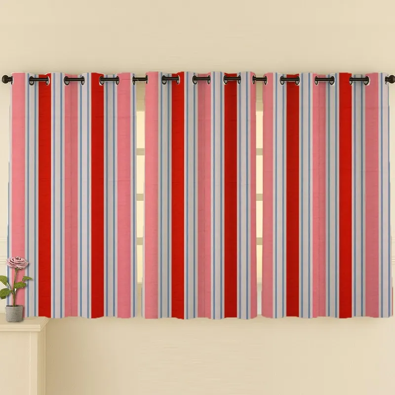 Red and Pink stripes 100% Cotton Room Darkening Curtains with Eyelet hanging, close-up view