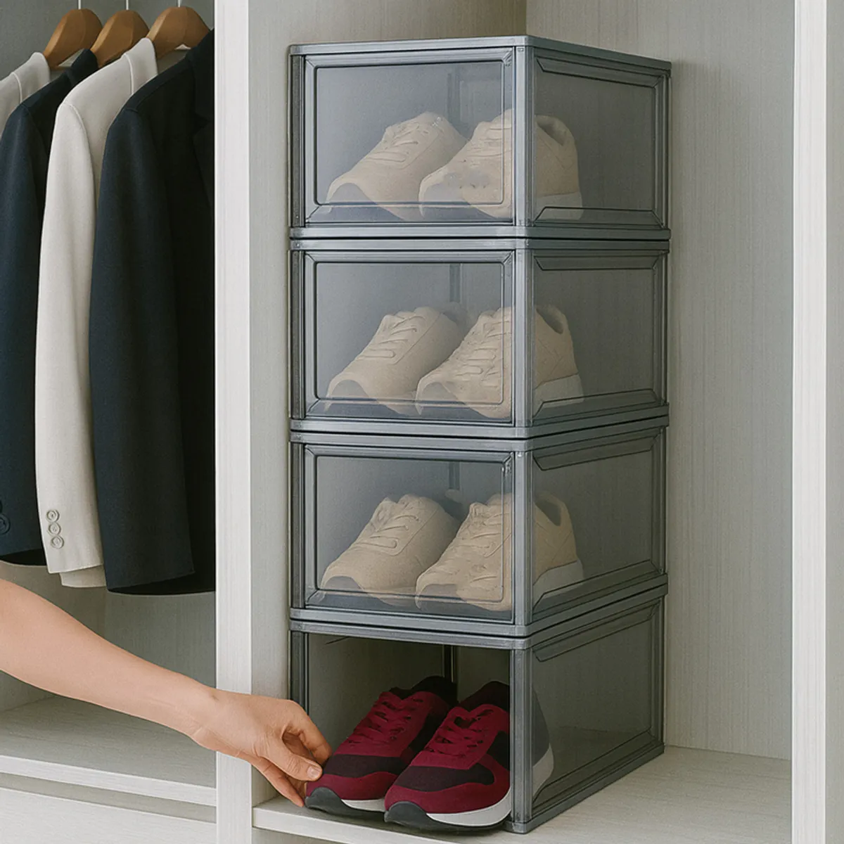Four stacked grey transparent shoe racks inside a wardrobe