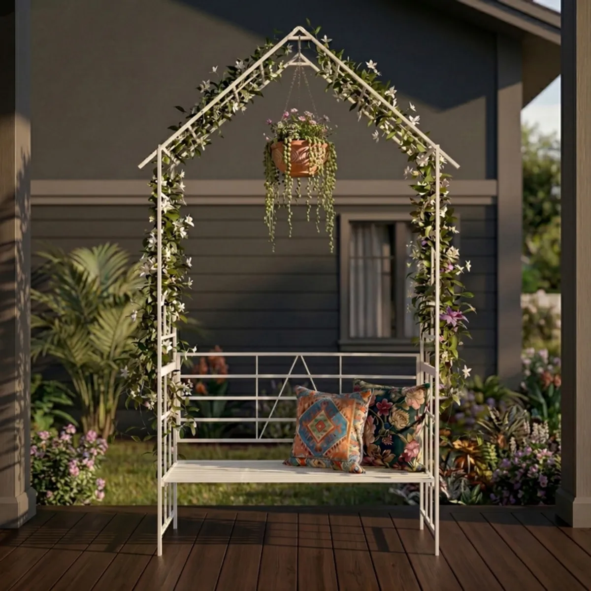 White garden arch with flowering vines and a hanging planter