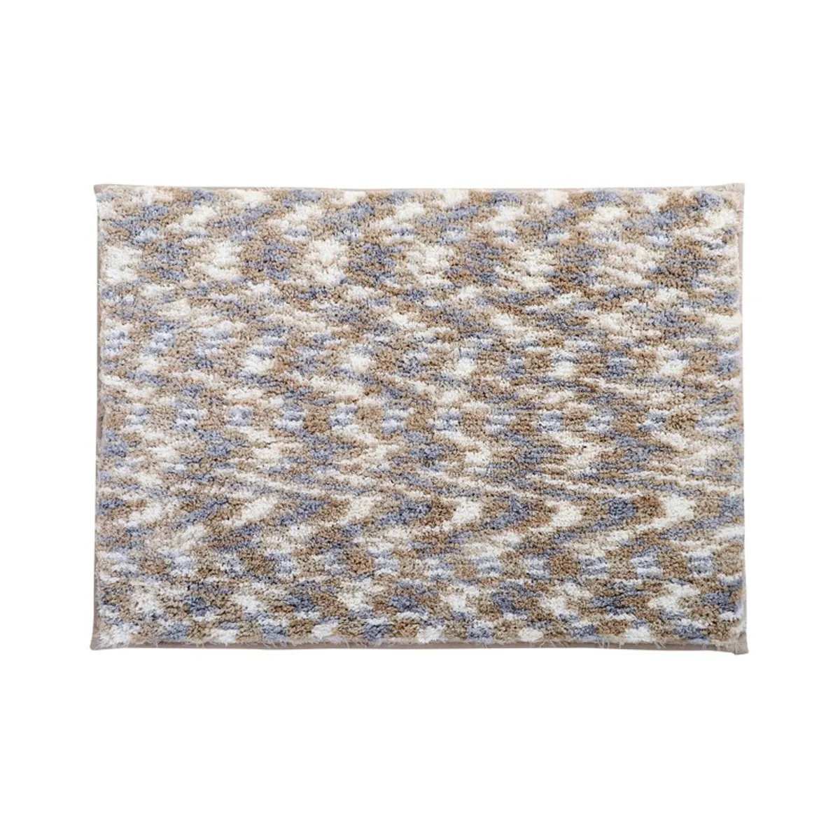 Rectangular beige, blue and white abstract bath mat on a white background