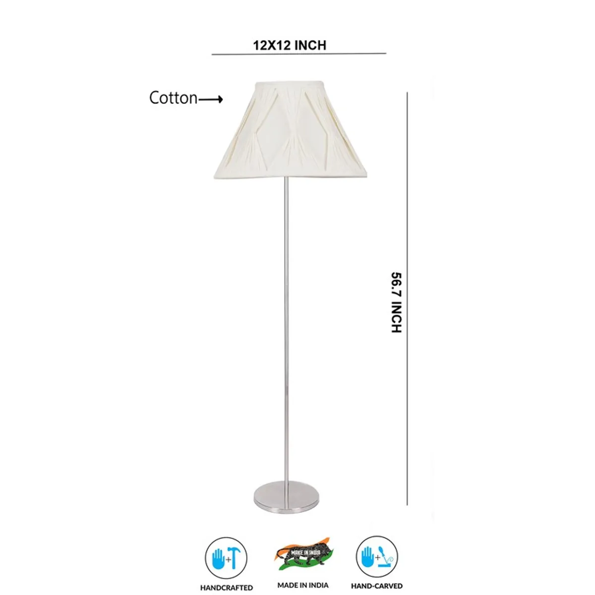 Floor lamp shown front-on with printed dimension markers on a white background
