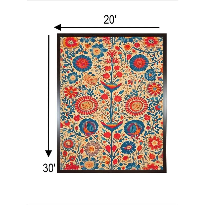 Framed folk floral tree canvas wall painting shown with size markings