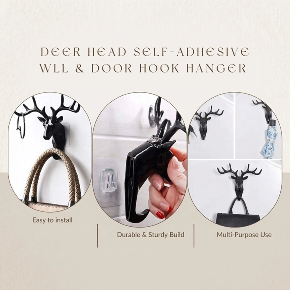 Collage showing the black deer antler wall hook in use on a wall
