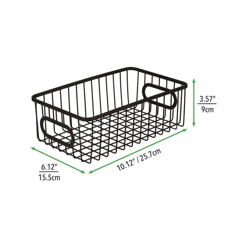 Black rectangular wire basket with dimensions marked in the image