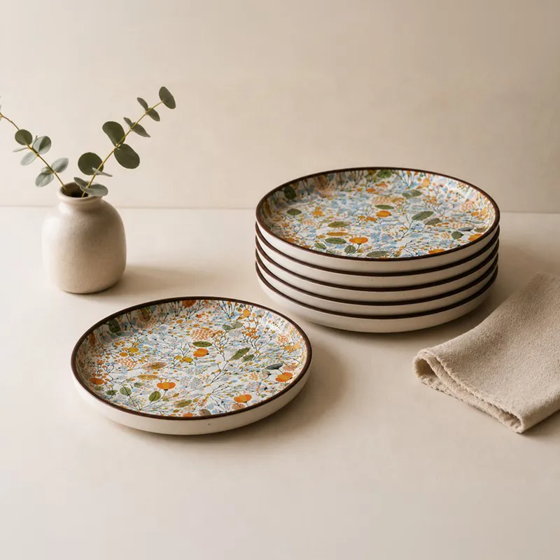 Stack of six patterned ceramic dinner plates with one plate placed in front