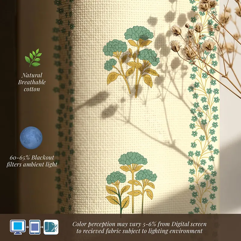 Close-up of sage green floral curtain fabric with woven texture